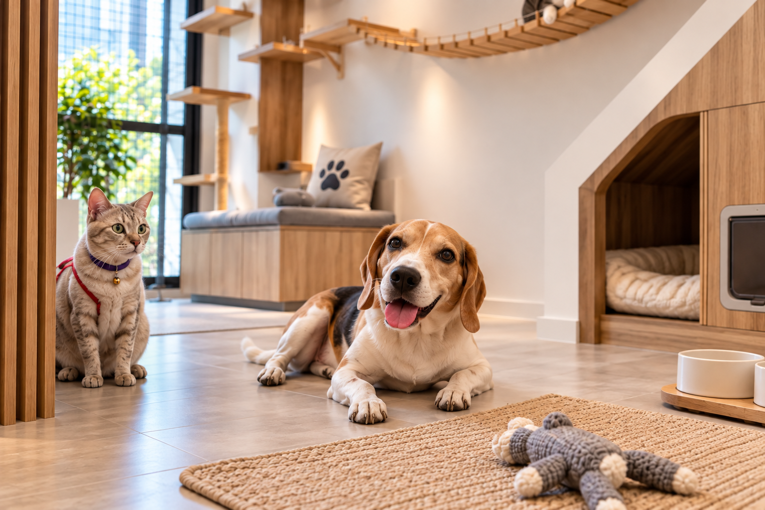 Warm pet-friendly living room with catio, Cheeky and cats, including a pet-friendly sofa